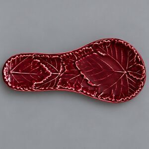 Olfaire Spoon Rest Red Glazed Relief Majolica Leaves Made in Portugal 9.5”